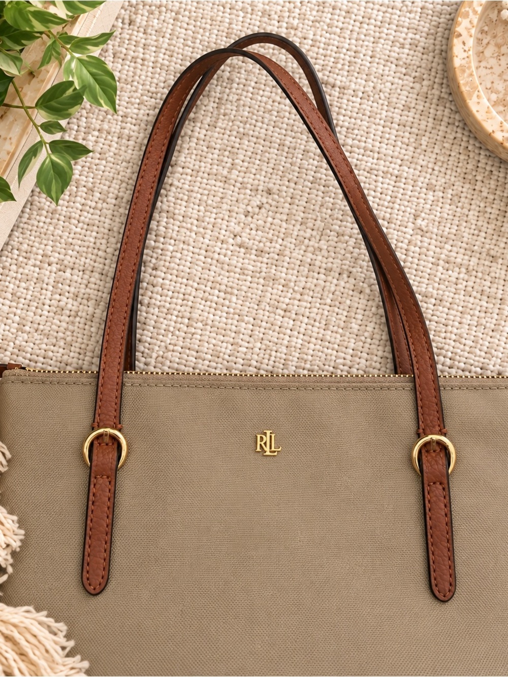 Lauren Ralph Lauren Medium Keaton Nylon Tote Khaki Cognac Leather Gold - Picture 3 of 9